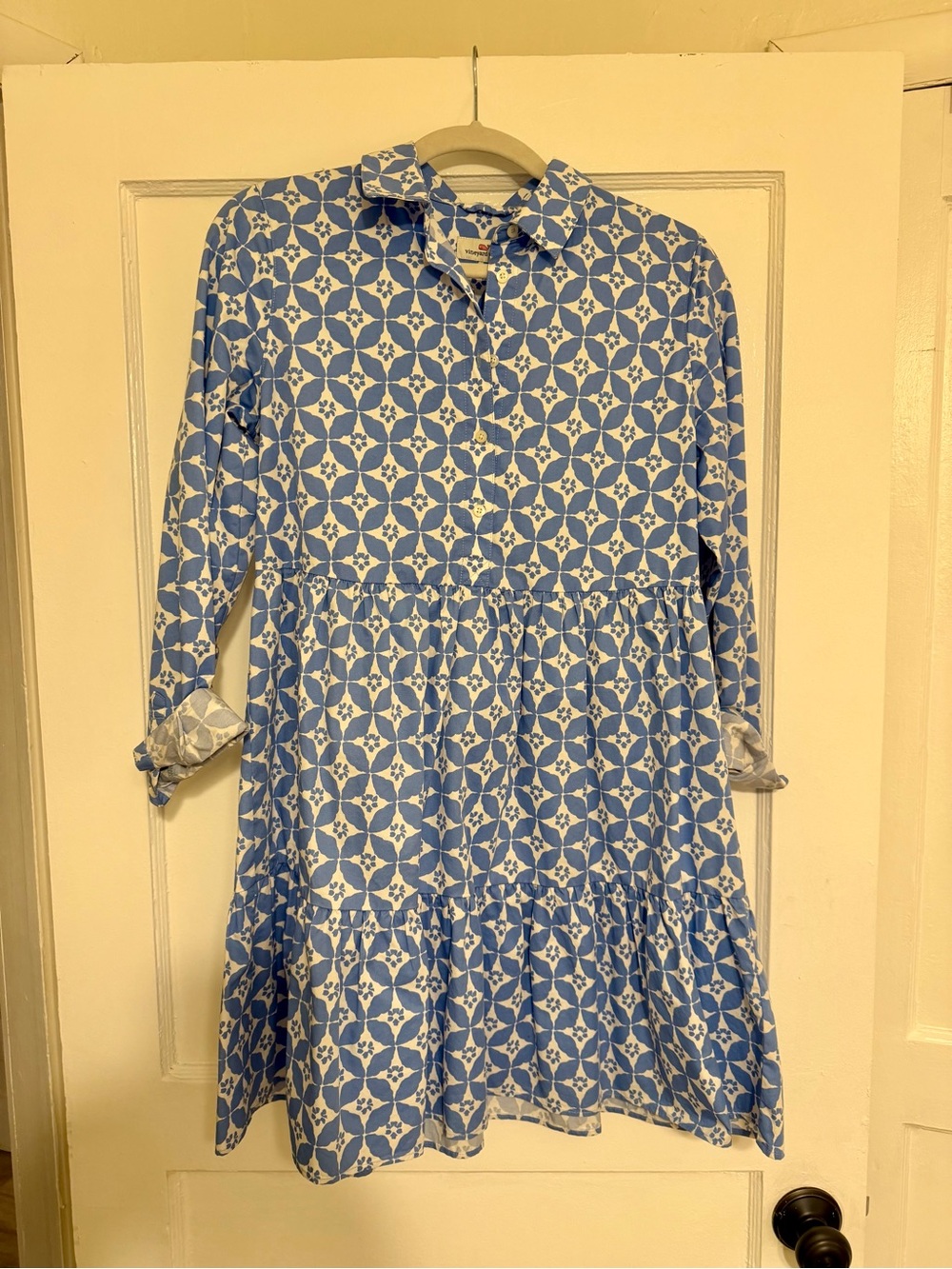 Vineyard Vines Blue and White Geometric Tiered Shirt Dress